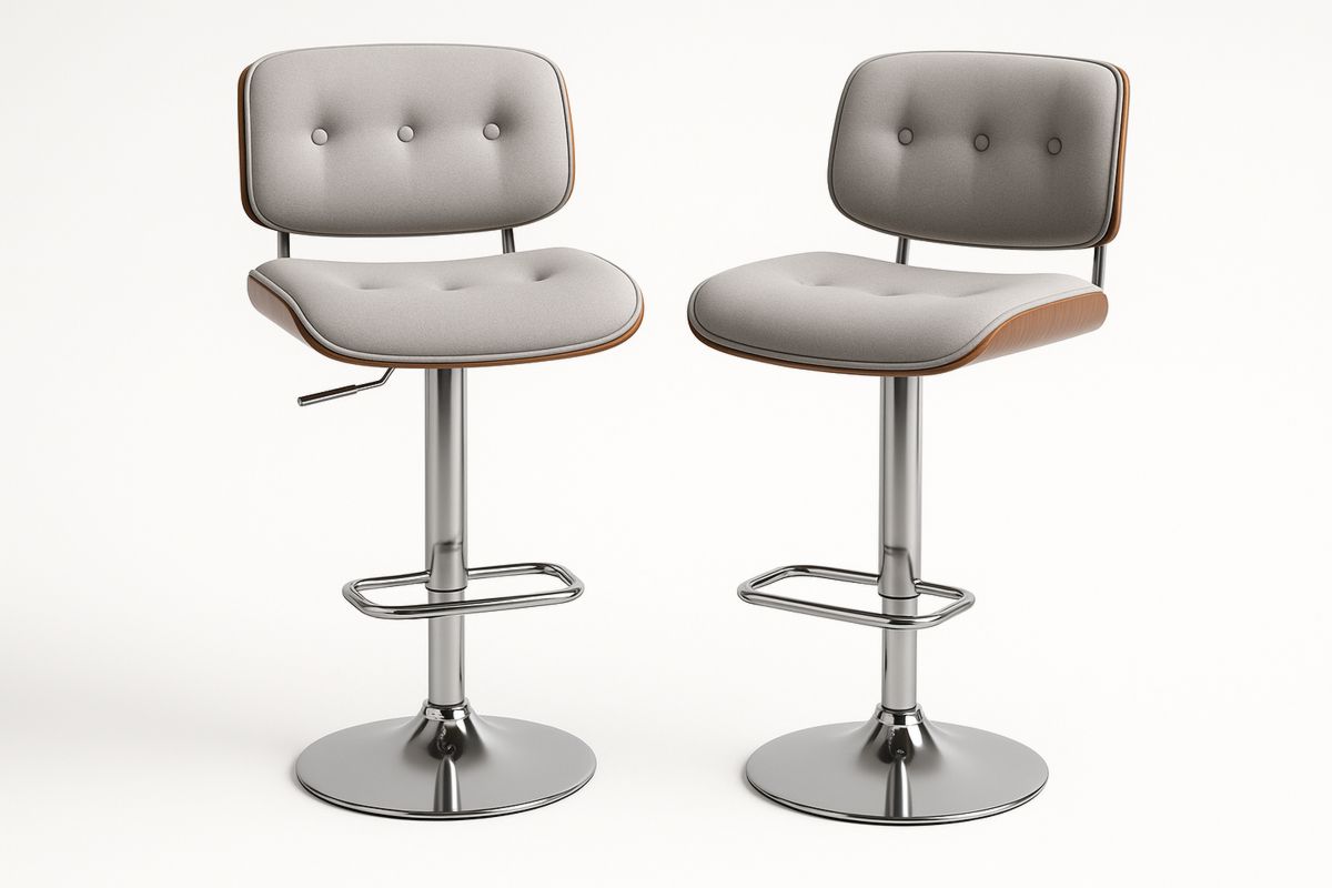 Set of 2 Adjustable Bar Stools with Grey Polyester and Chrome Base-Glossnooks