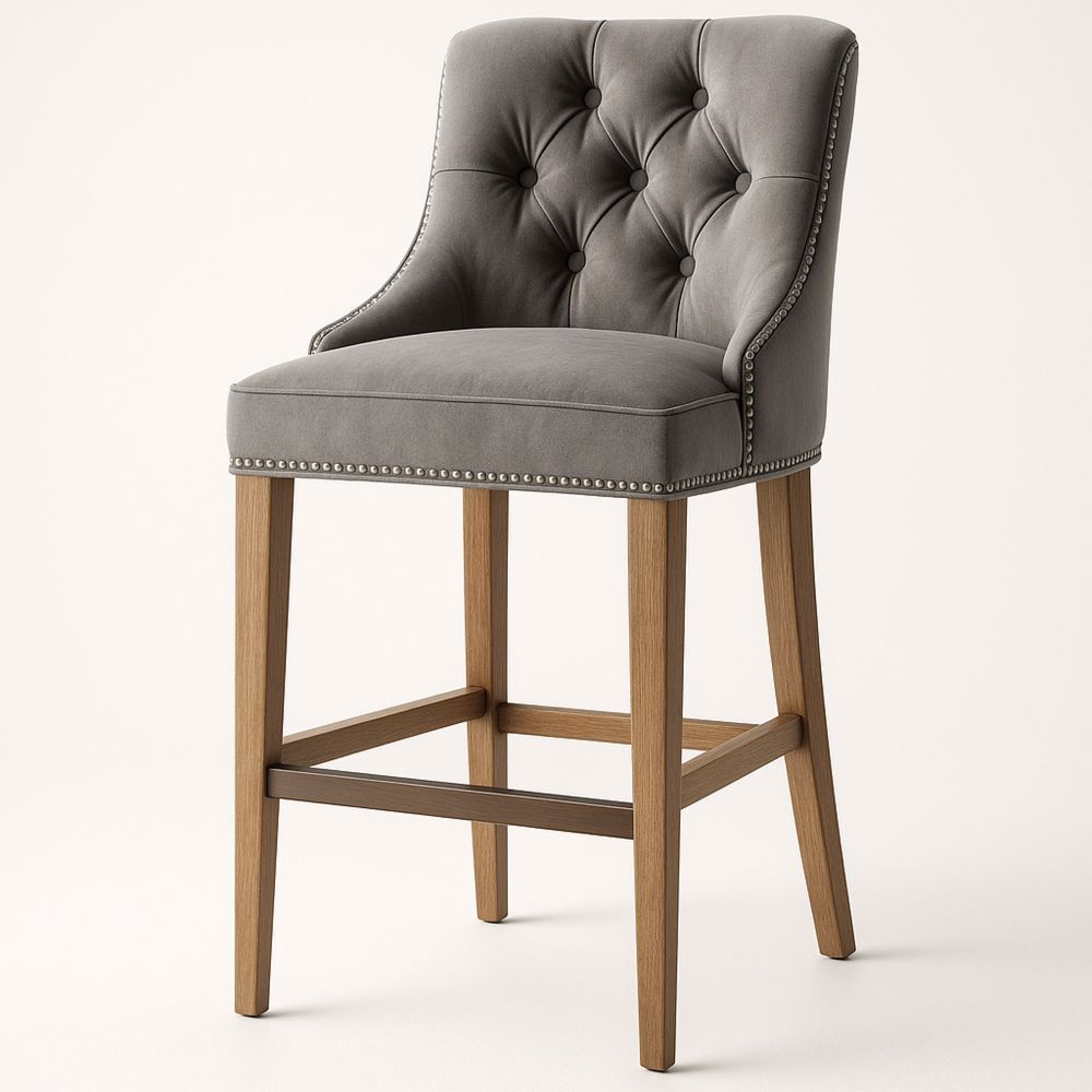 Grey Fabric Upholstered Bar Stool with Tufted Back and Wood Legs-Glossnooks
