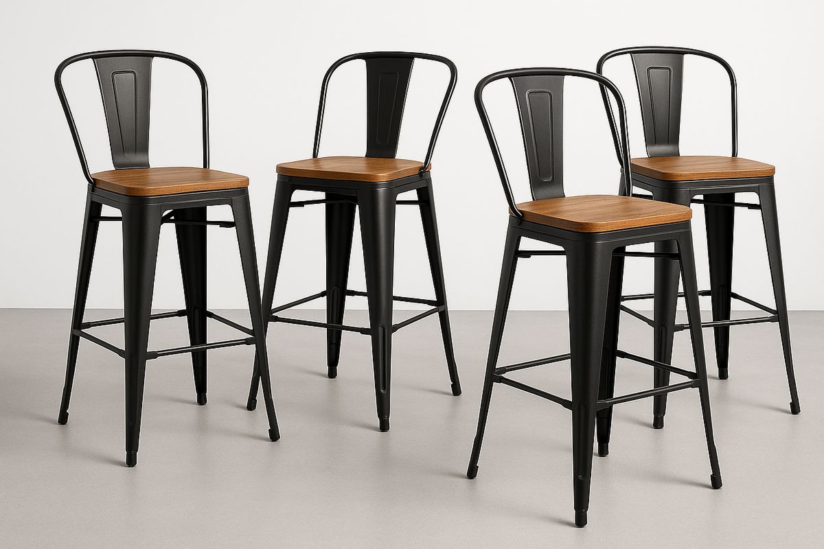 Set of 4 Metal and Wood Bar Stools with Backrest Black-Muralwayys