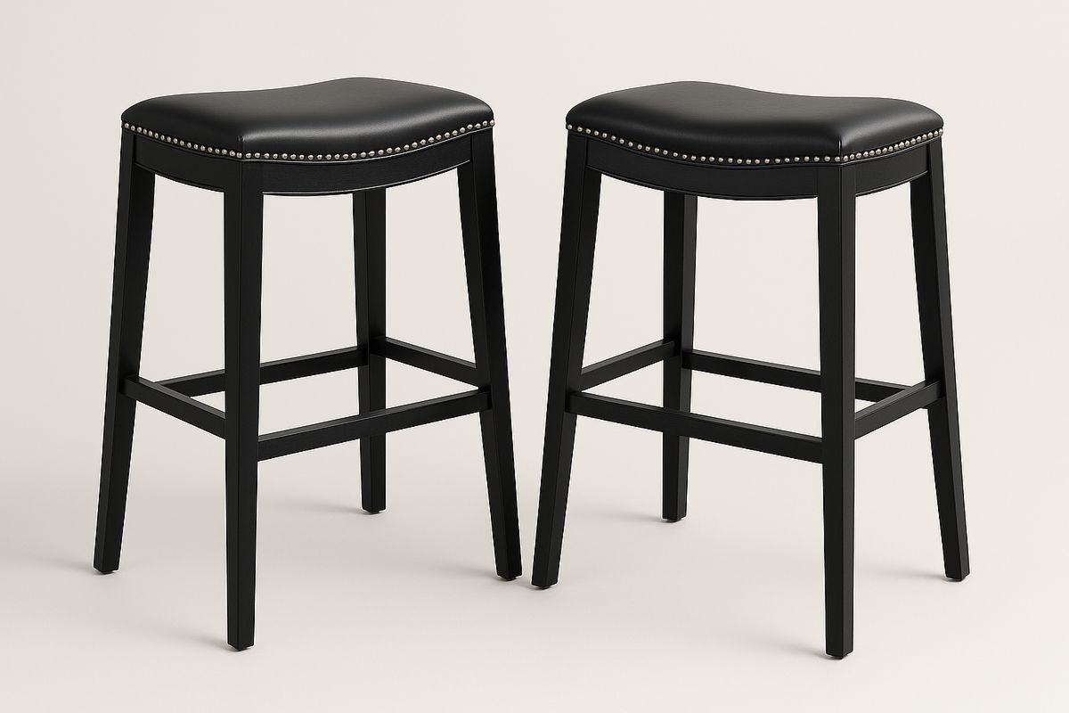Pair of Black Leather Seat Wooden Frame Bar Stools-Muralwayys
