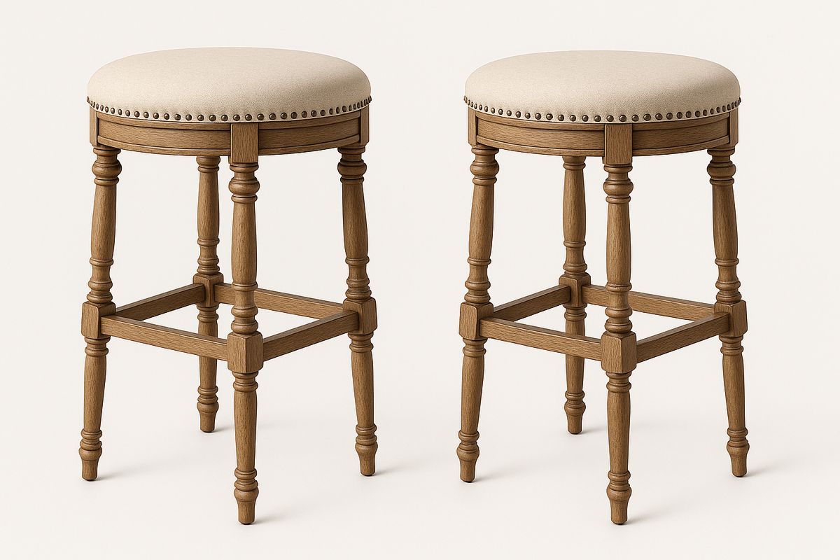 Set of 2 Light Beige Upholstered Round Seat Wooden Bar Stools with Oak Finish 75cm-Muralwayys