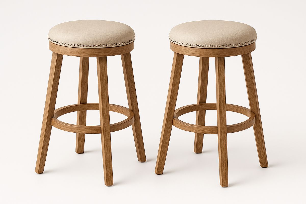 Set of 2 Oak Bar Stools with Round Polyester Seat-Muralwayys
