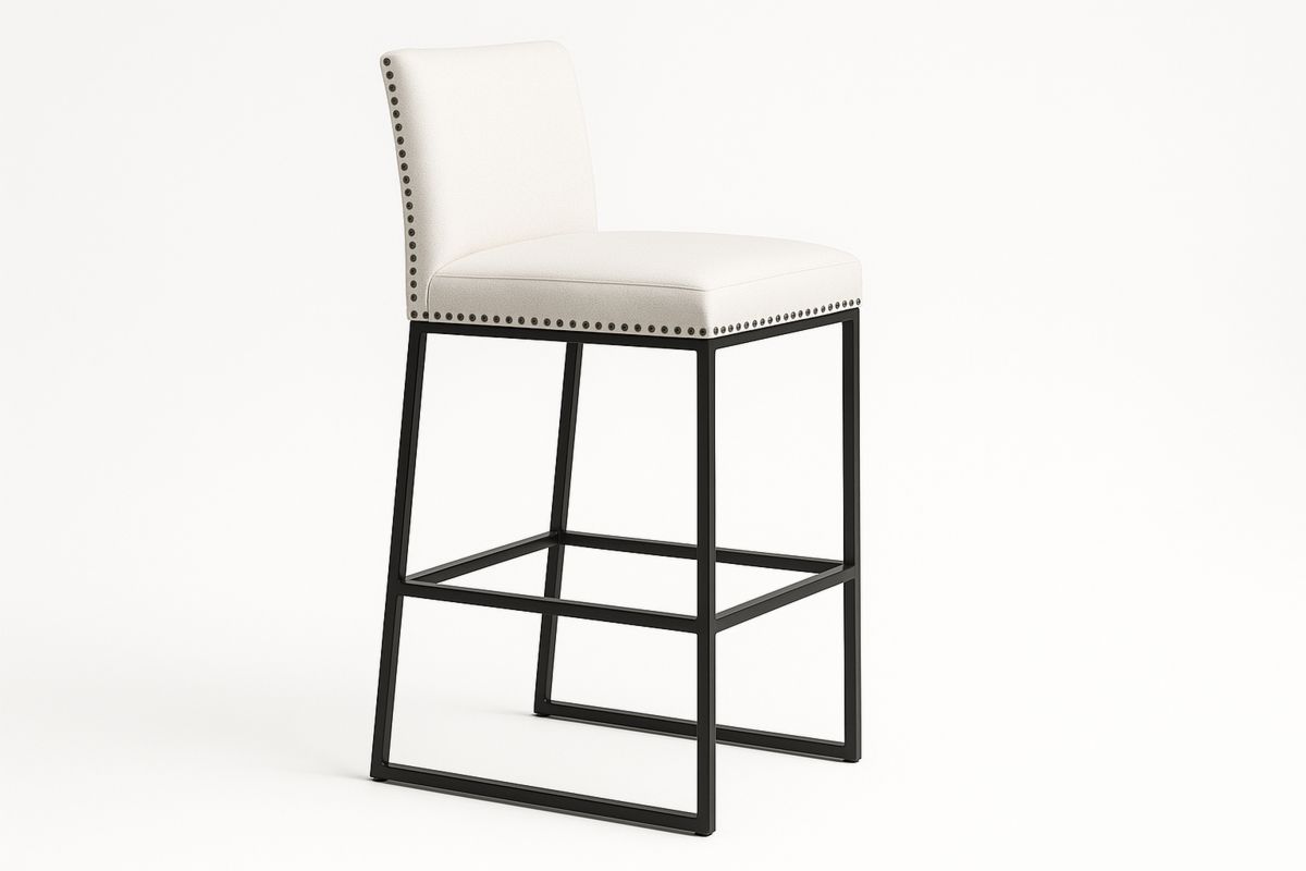 White Fabric Bar Stool with Metal Frame and Nailhead Trim-Muralwayys