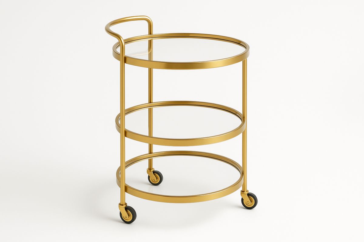 Round Gold Metal Bar Cart with Tempered Glass Shelves and Wheels 72cm Height-Muralwayys