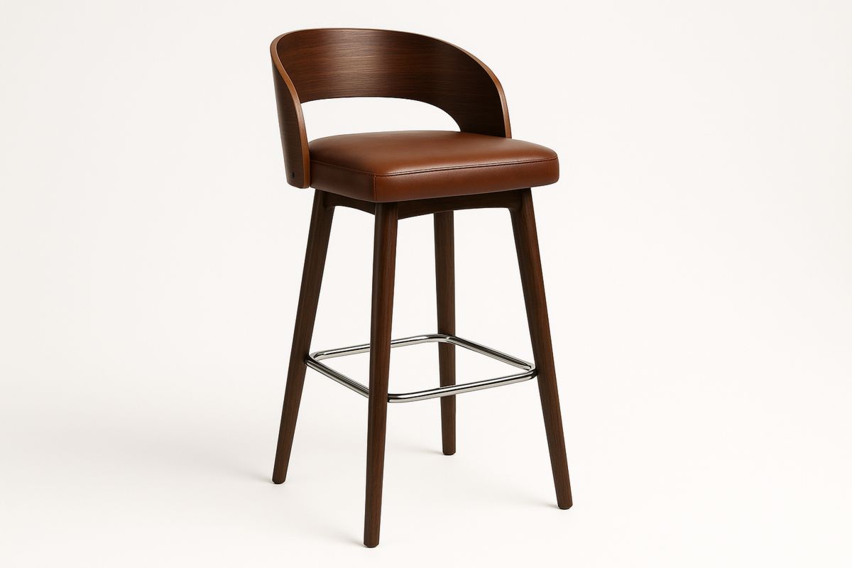 Wood Bar Stool with PU Leather Seat and Backrest in Brown-Muralwayys