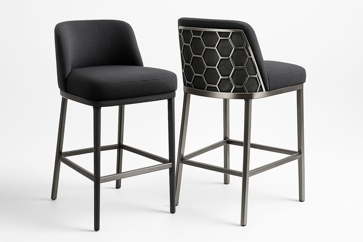 Black Upholstered Bar Stool Set with Metal Frame and Hexagonal Backrest 105cm-Muralwayys