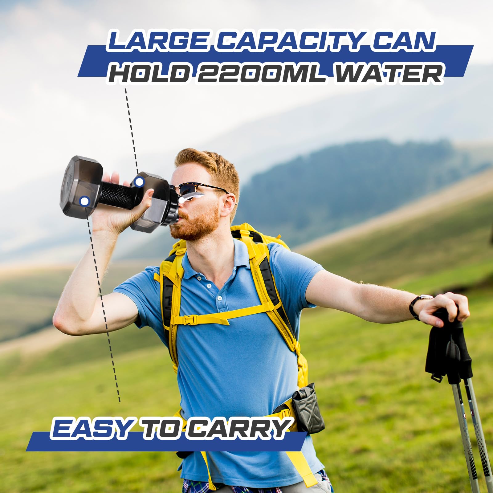 Dumbbell-shaped water bottles, 2.2L75oz, water bottles for gym workouts, large capacity PETG, sports, fitness, exercise, gym