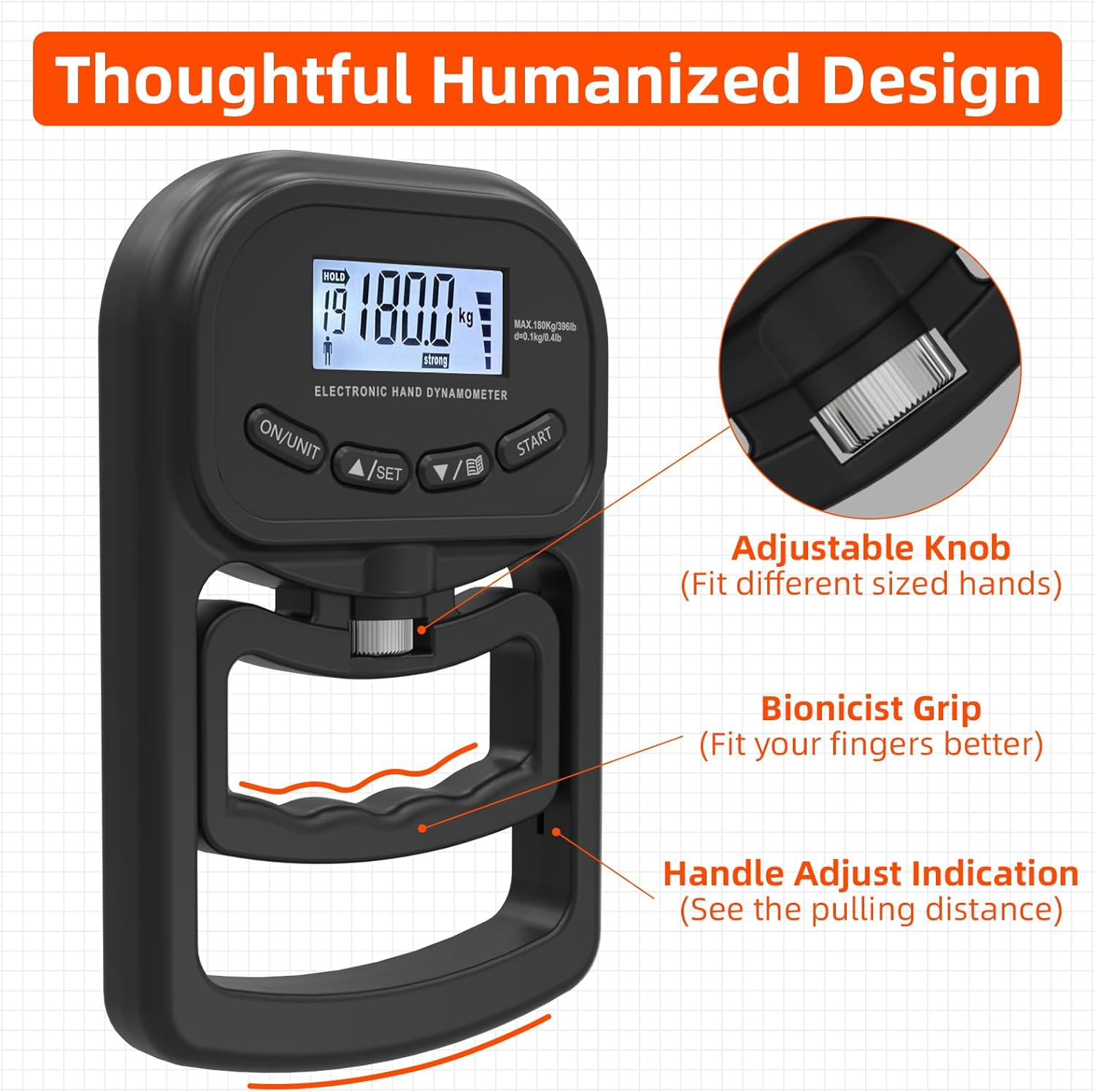 Rechargeable electronic dynamometer, digital grip strength tester with LCD screen, adjustable hand grip dynamometer