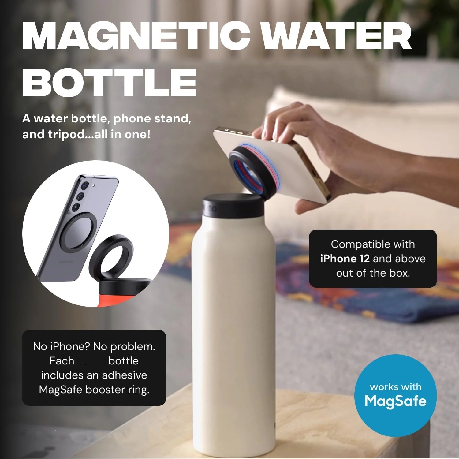 24oz Magnetic Phone Mount Insulated Bottle｜Large Capacity Sports Water Bottle · Double-Wall Stainless Steel · MagSafe Compatible