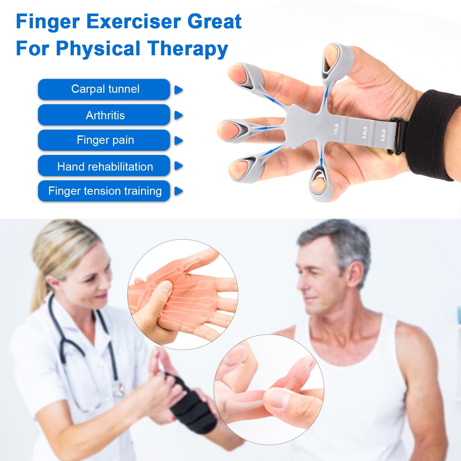 Grip strength trainer, double-sided finger exerciser and hand strengthener for hand therapy, rock climbing, and relieving arthritis pain and carpal