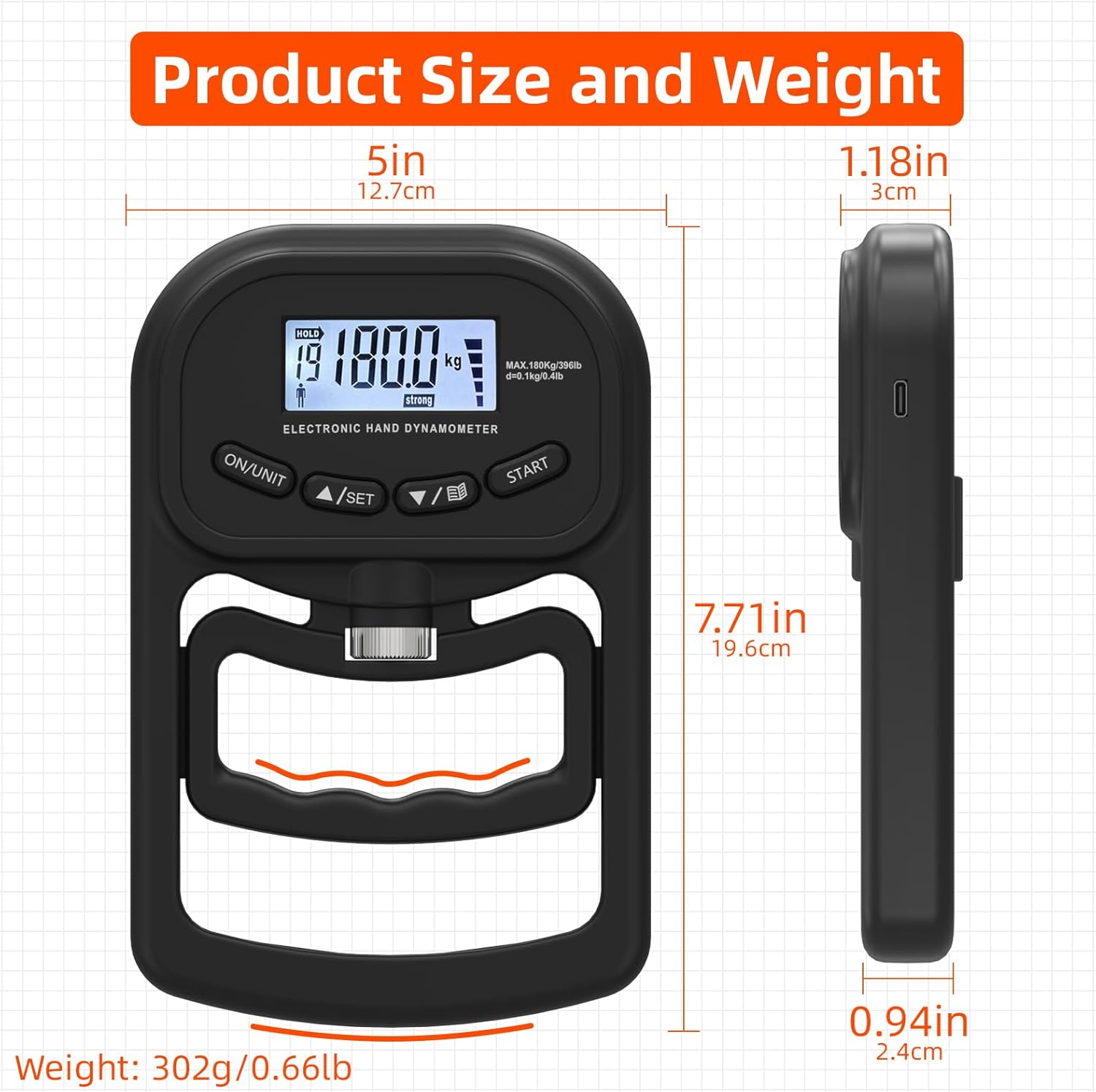 Rechargeable electronic dynamometer, digital grip strength tester with LCD screen, adjustable hand grip dynamometer
