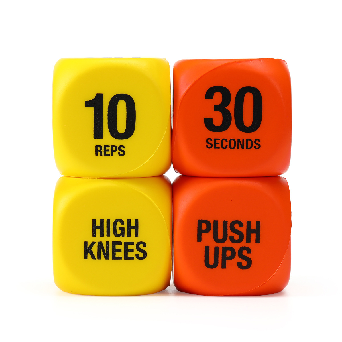 Two durable and fun fitness decision dice for physical training and exercise - colorful exercise balls with CRUNCHES and JUMPING text, perfect for h
