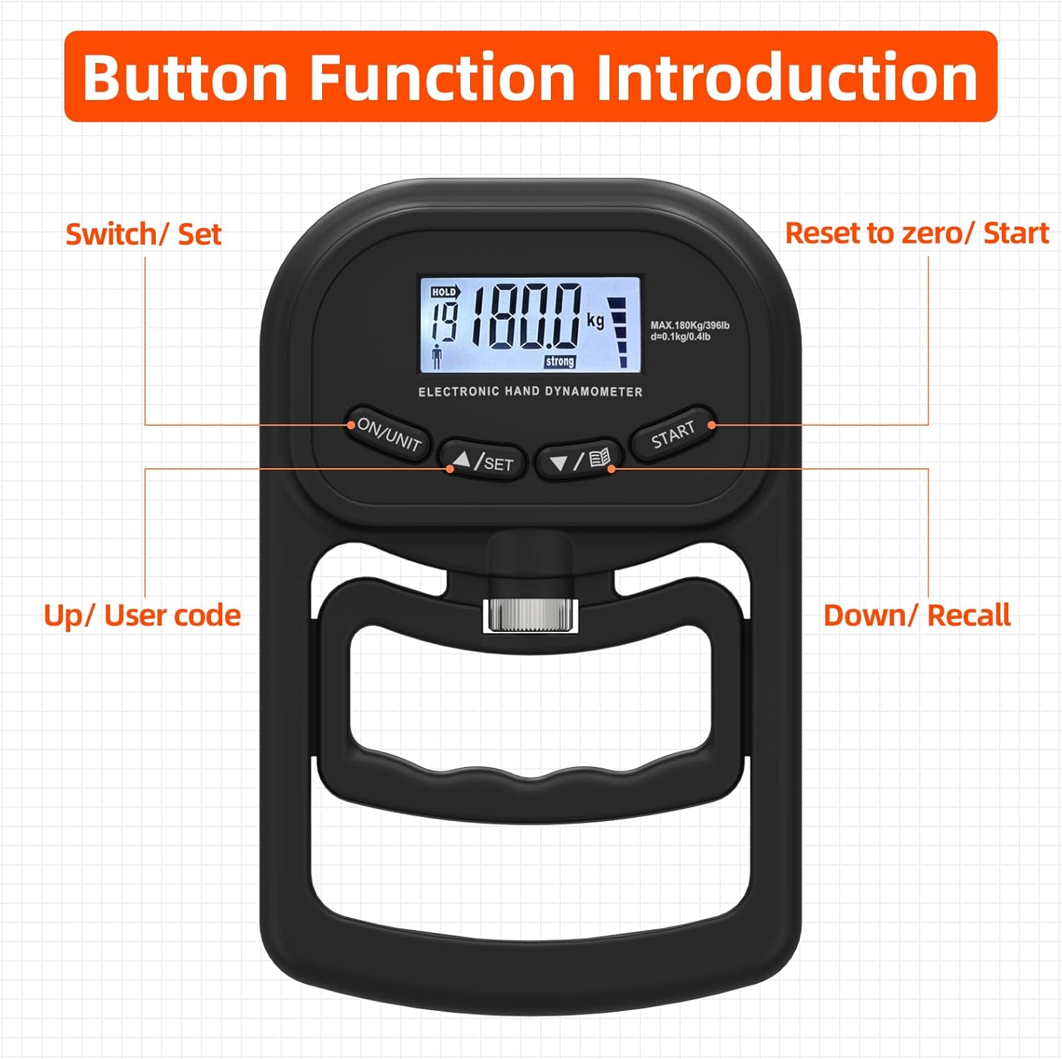 Rechargeable electronic dynamometer, digital grip strength tester with LCD screen, adjustable hand grip dynamometer