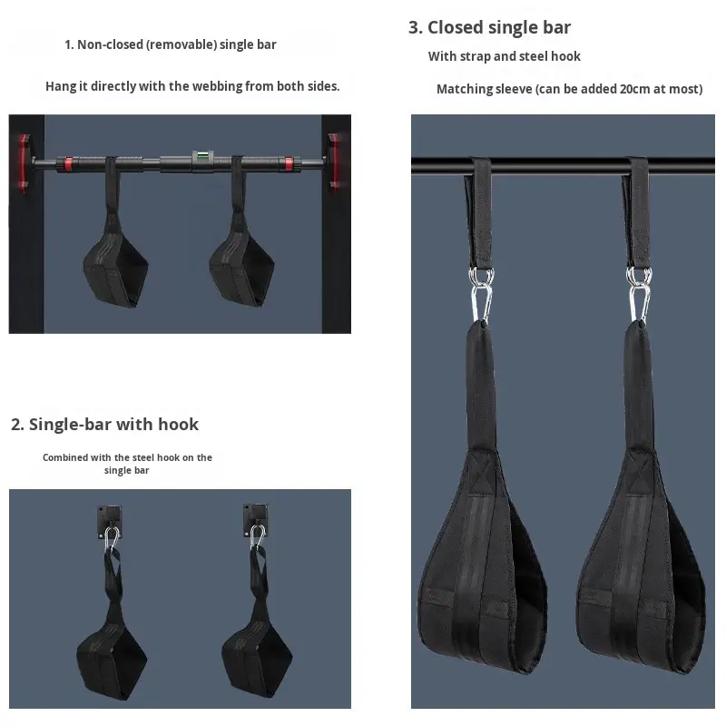 Pull-Up With Ab Training Strap, Crunches, Leg Raises, Obliques, And Hanging Exercises With Ab Strap.
