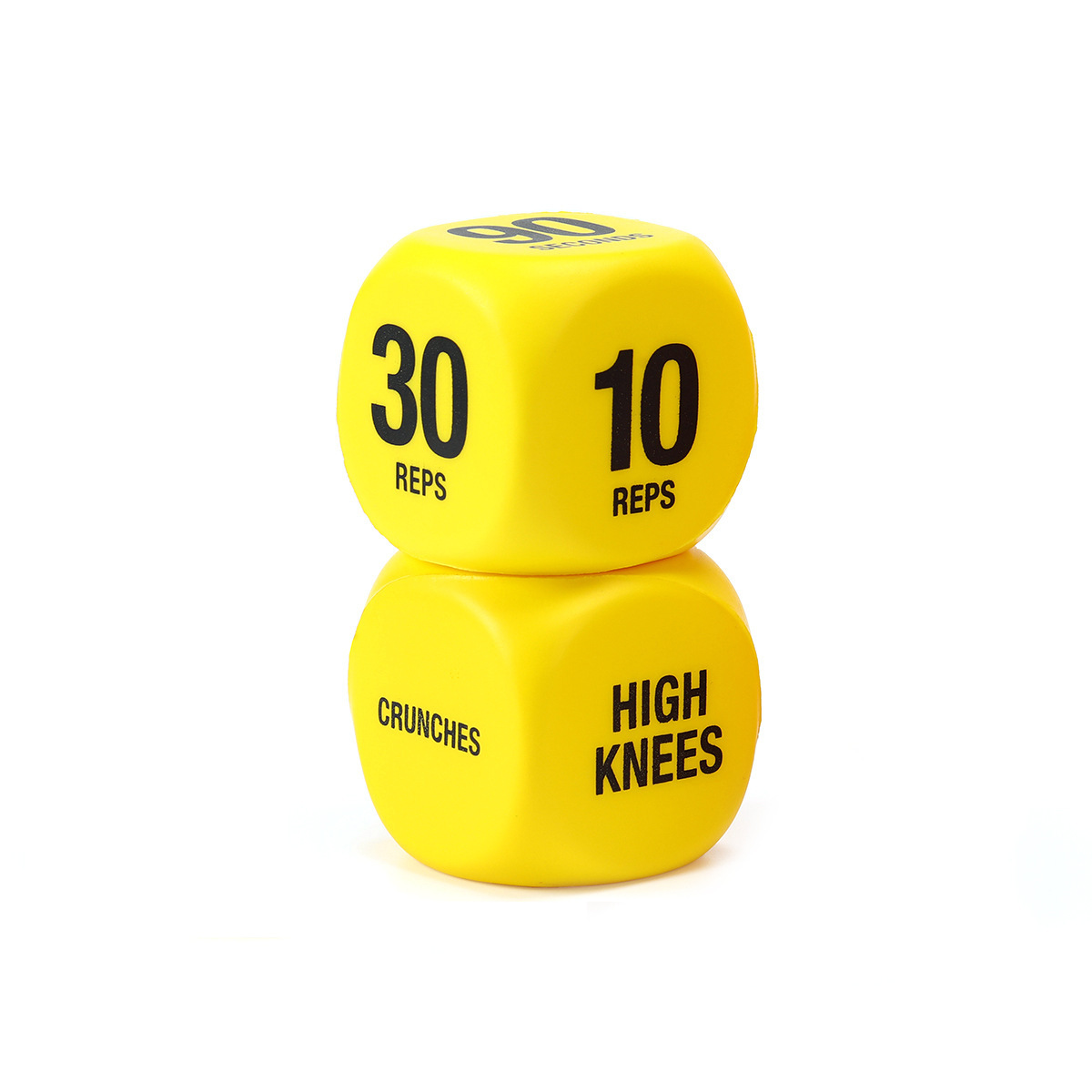 Two durable and fun fitness decision dice for physical training and exercise - colorful exercise balls with CRUNCHES and JUMPING text, perfect for h