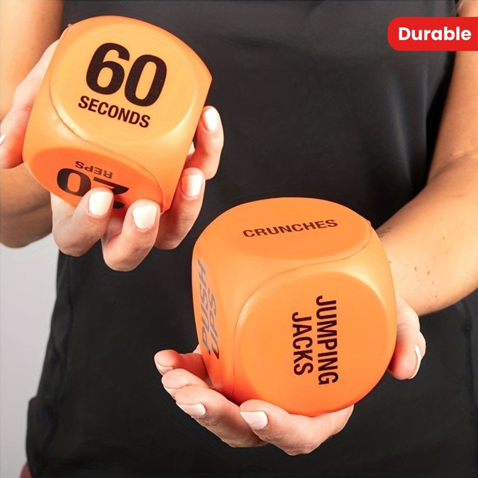 Two durable and fun fitness decision dice for physical training and exercise - colorful exercise balls with CRUNCHES and JUMPING text, perfect for h