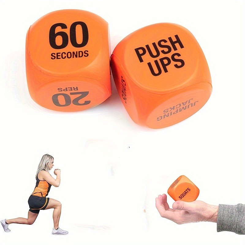 Two durable and fun fitness decision dice for physical training and exercise - colorful exercise balls with CRUNCHES and JUMPING text, perfect for h