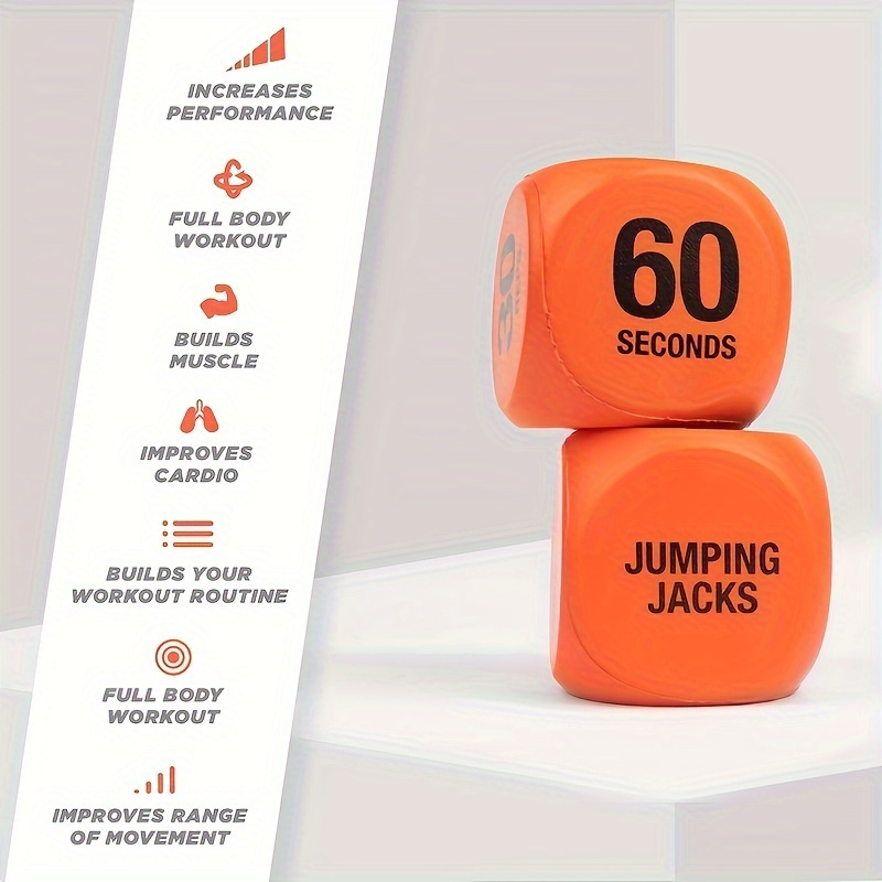 Two durable and fun fitness decision dice for physical training and exercise - colorful exercise balls with CRUNCHES and JUMPING text, perfect for h