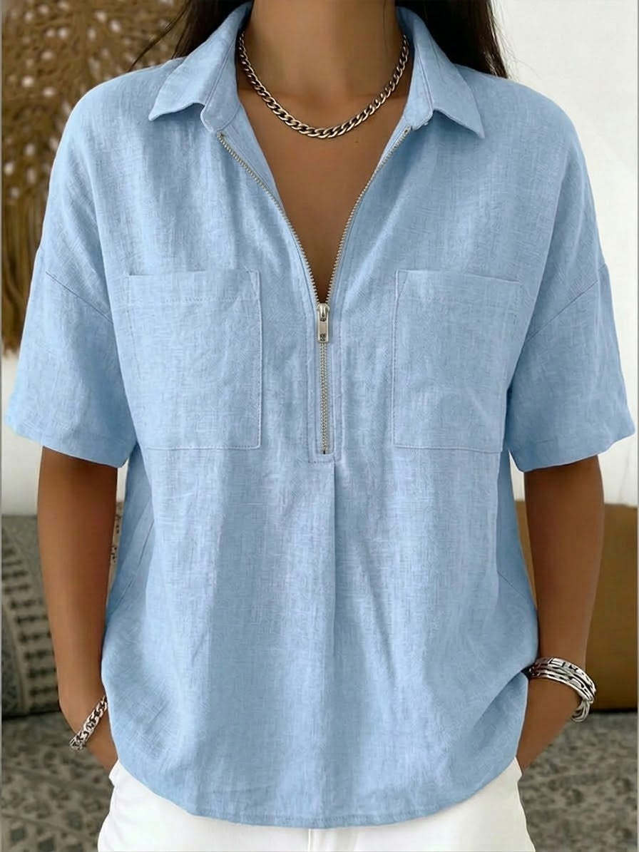 Casual Half-zip Linen And Cotton Shirt