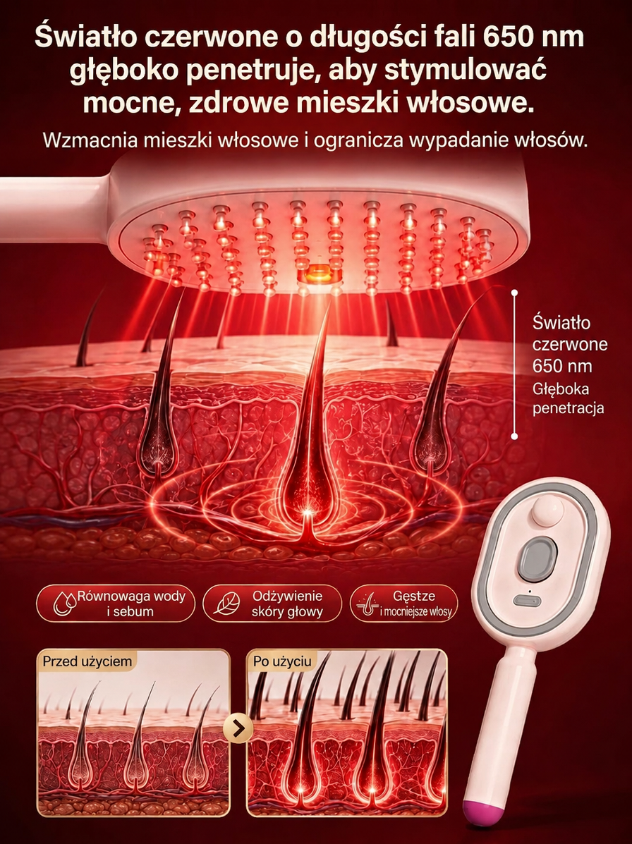 Wielofunkcyjny grzebień do pielęgnacji włosów bez spłukiwania z olejkami eterycznymi i terapią światłem czerwonym – natychmiast wygładza włosy, zapewnia pielęgnację skóry głowy na poziomie salonowym, skutecznie zapobiega wypadaniu włosów i wspomaga odrost