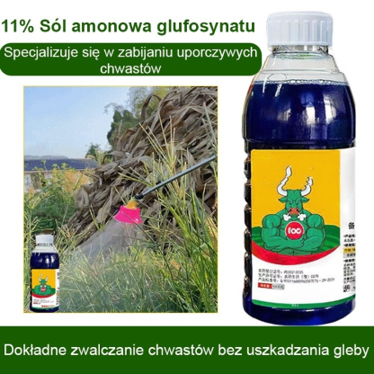 Skutecznie eliminuje chwasty, nie szkodzi glebie, jedna butelka wystarcza na 3-5 mu.