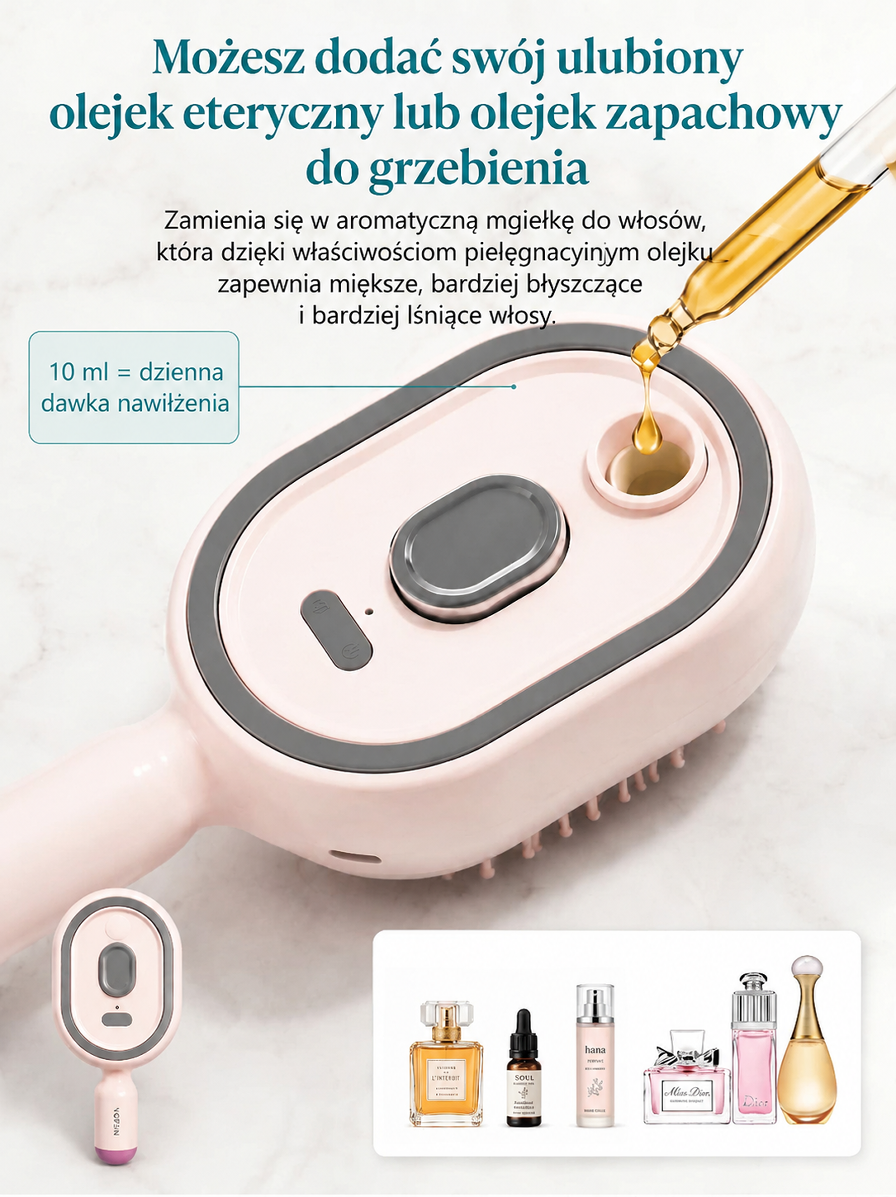 Wielofunkcyjny grzebień do pielęgnacji włosów bez spłukiwania z olejkami eterycznymi i terapią światłem czerwonym – natychmiast wygładza włosy, zapewnia pielęgnację skóry głowy na poziomie salonowym, skutecznie zapobiega wypadaniu włosów i wspomaga odrost