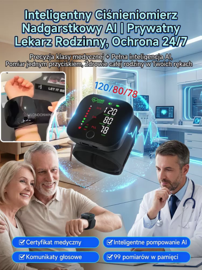 【Rodzinny Prywatny Lekarz】Inteligentny Medyczny Ciśnieniomierz Nadgarstkowy AI 🩺📈 Nie ma potrzeby zdejmowania ubrań ani zakasywania rękawów. Możesz łatwo zmierzyć ciśnienie krwi i poziom cukru we krwi w domu
