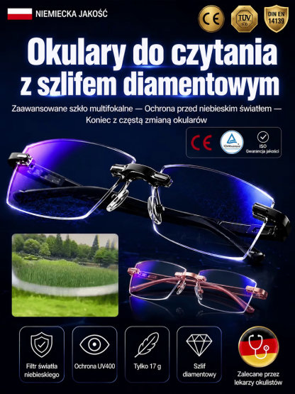 Ultralekkie diamentowe okulary bezoprawkowe do czytania🤍Noszenie urządzenia przez dłuższy czas nie będzie uciskać grzbietu nosa ani nie będzie ciągnęło za uszami, a także nie pozostawi żadnych śladów nacisku