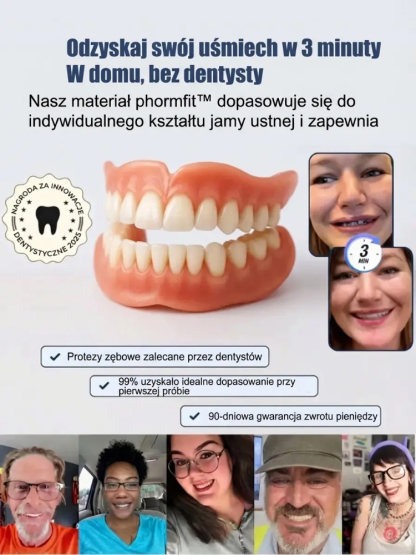 Naturalnie dopasowana proteza zębowa z uśmiechem🪄 Wizyta u dentysty nie jest wymagana, wystarczy 3-minutowa samodzielna instalacja w domu