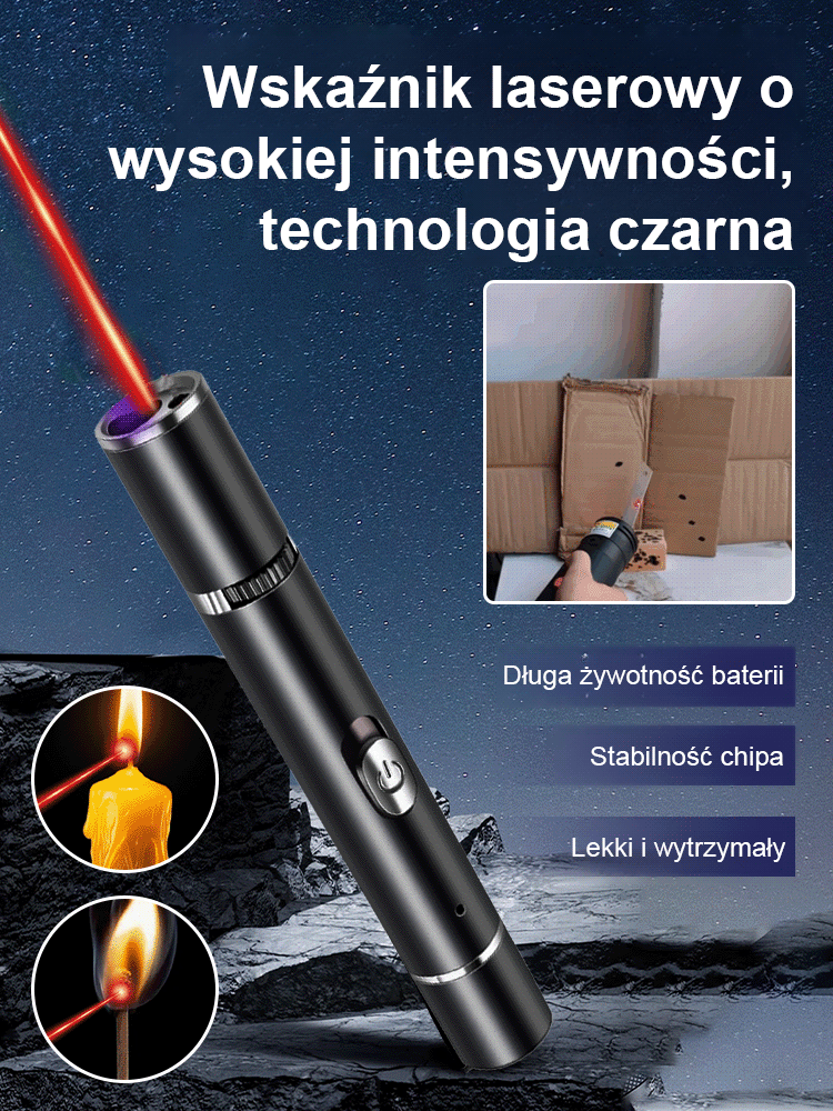 Wskaźnik laserowy o dużej intensywności. Można go używać do cięcia, spawania i samoobrony, wymaga jedynie miesięcznego ładowania.