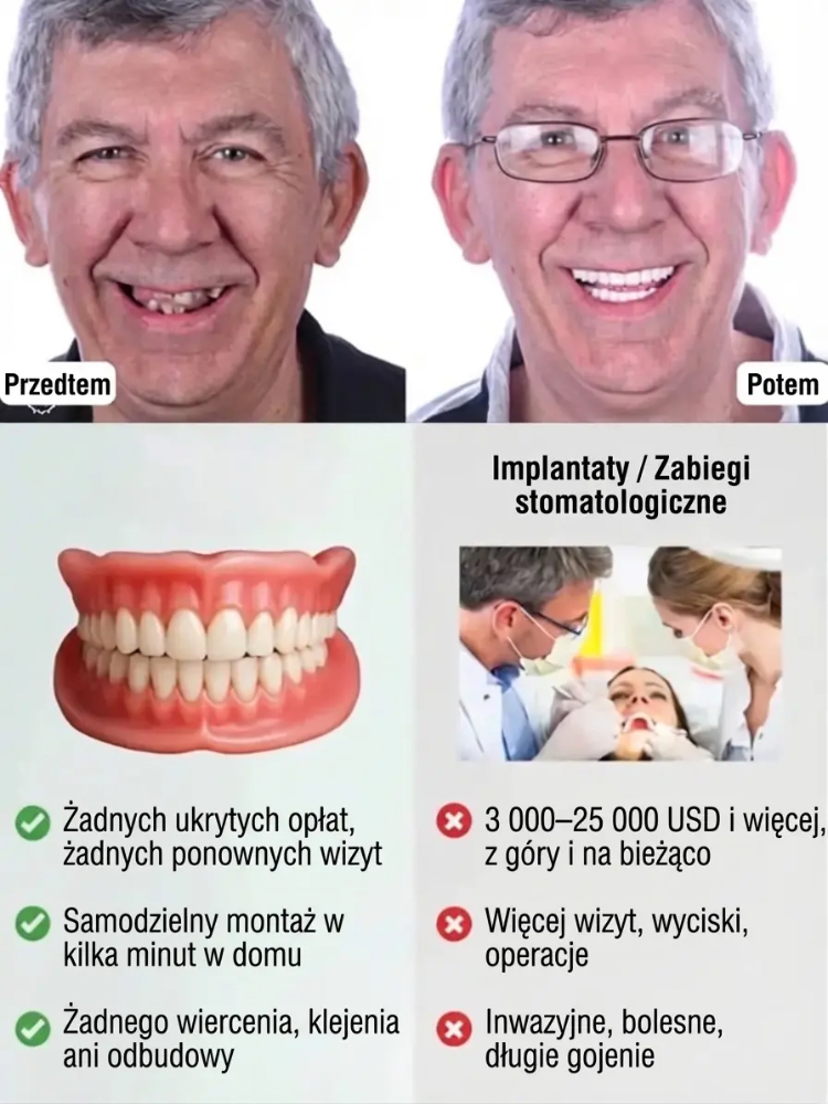 Naturalnie dopasowana proteza zębowa z uśmiechem🪄 Wizyta u dentysty nie jest wymagana, wystarczy 3-minutowa samodzielna instalacja w domu