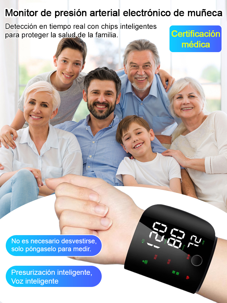 Tensiómetro electrónico de muñeca totalmente automático con pantalla grande y función de voz