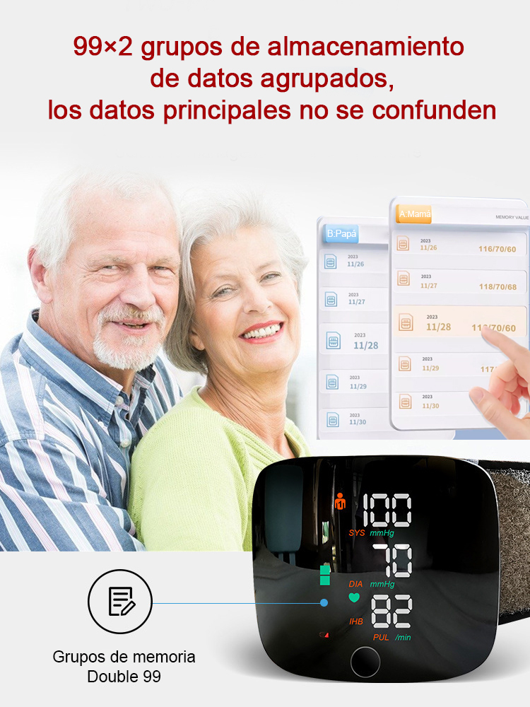 Tensiómetro electrónico de muñeca totalmente automático con pantalla grande y función de voz