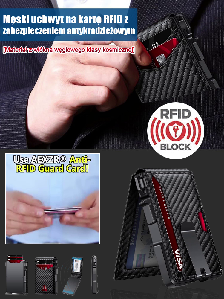 Kosmiczny portfel męski z włókna węglowego z ochroną RFID przeciw kradzieży.