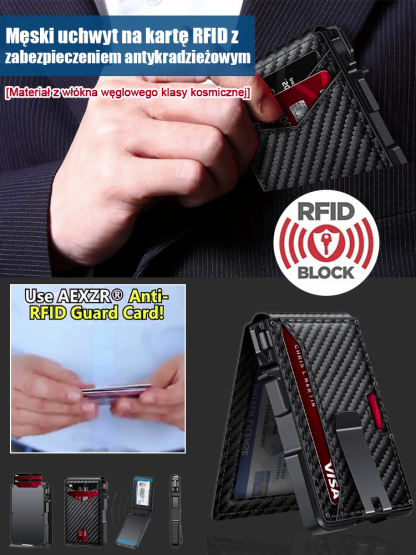 Kosmiczny portfel męski z włókna węglowego z ochroną RFID przeciw kradzieży.
