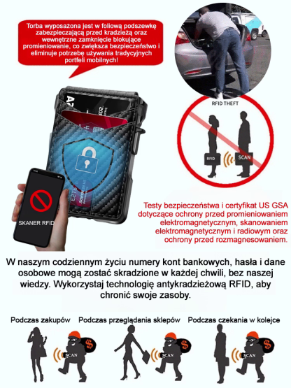 Kosmiczny portfel męski z włókna węglowego z ochroną RFID przeciw kradzieży.