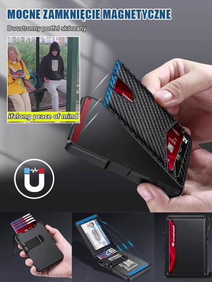 Kosmiczny portfel męski z włókna węglowego z ochroną RFID przeciw kradzieży.