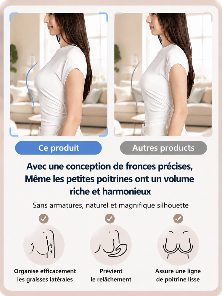❄️ Matière en soie glacée – fraîche même par 40°C. Aucune odeur, ne transparaît pas sous une chemise blanche. 💨 Portez-la sans crainte, elle galbe la poitrine, fini les complexes. ✨