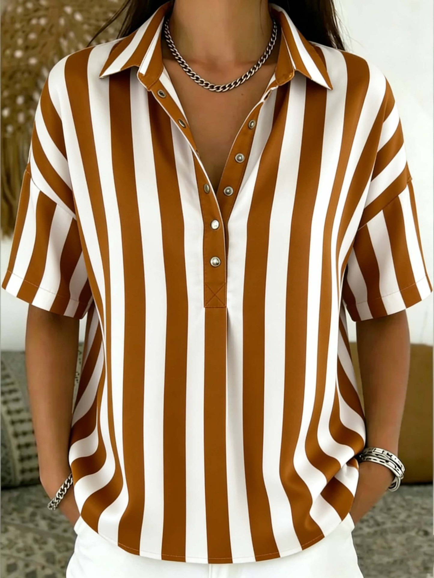Casual Striped Polo Collar Snap Buttons Cotton-linen Shirt