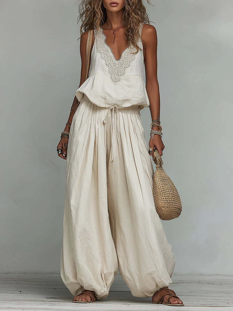 Women's Cotton-linen Embroidered Vest Lantern Wide-leg Pants