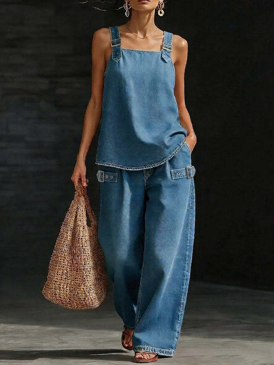Women's Casual Denim Set: Square-neck Sleeveless Loose-fit Top & High-waisted Wide-leg Pants