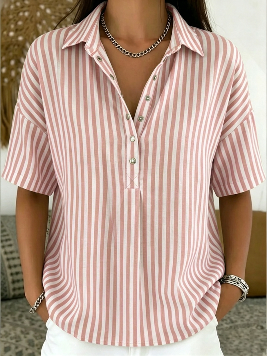 Casual Striped Polo Collar Snap Buttons Cotton-linen Shirt