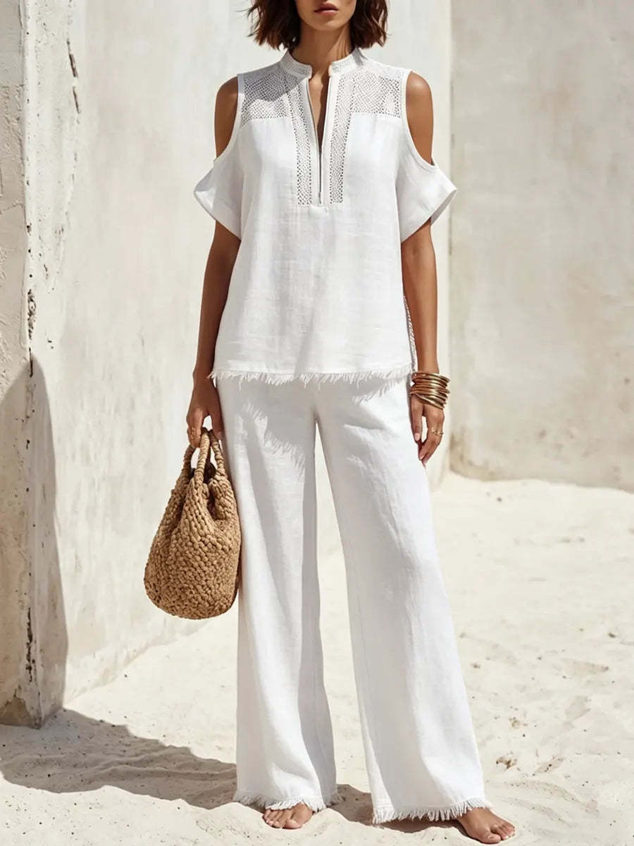 Women's Off-shoulder Cotton Linen Vacation Set