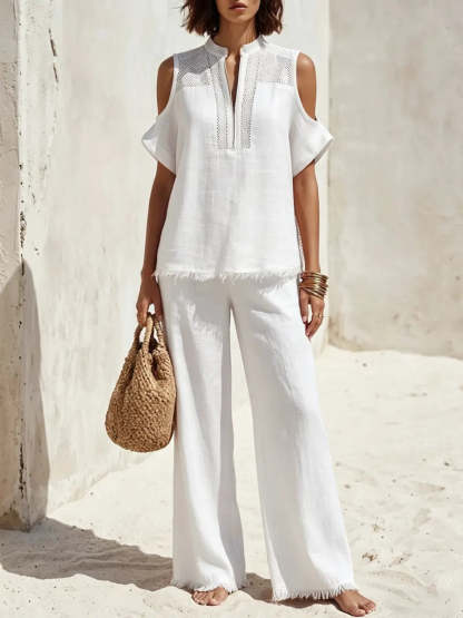 Women's Off-shoulder Cotton Linen Vacation Set
