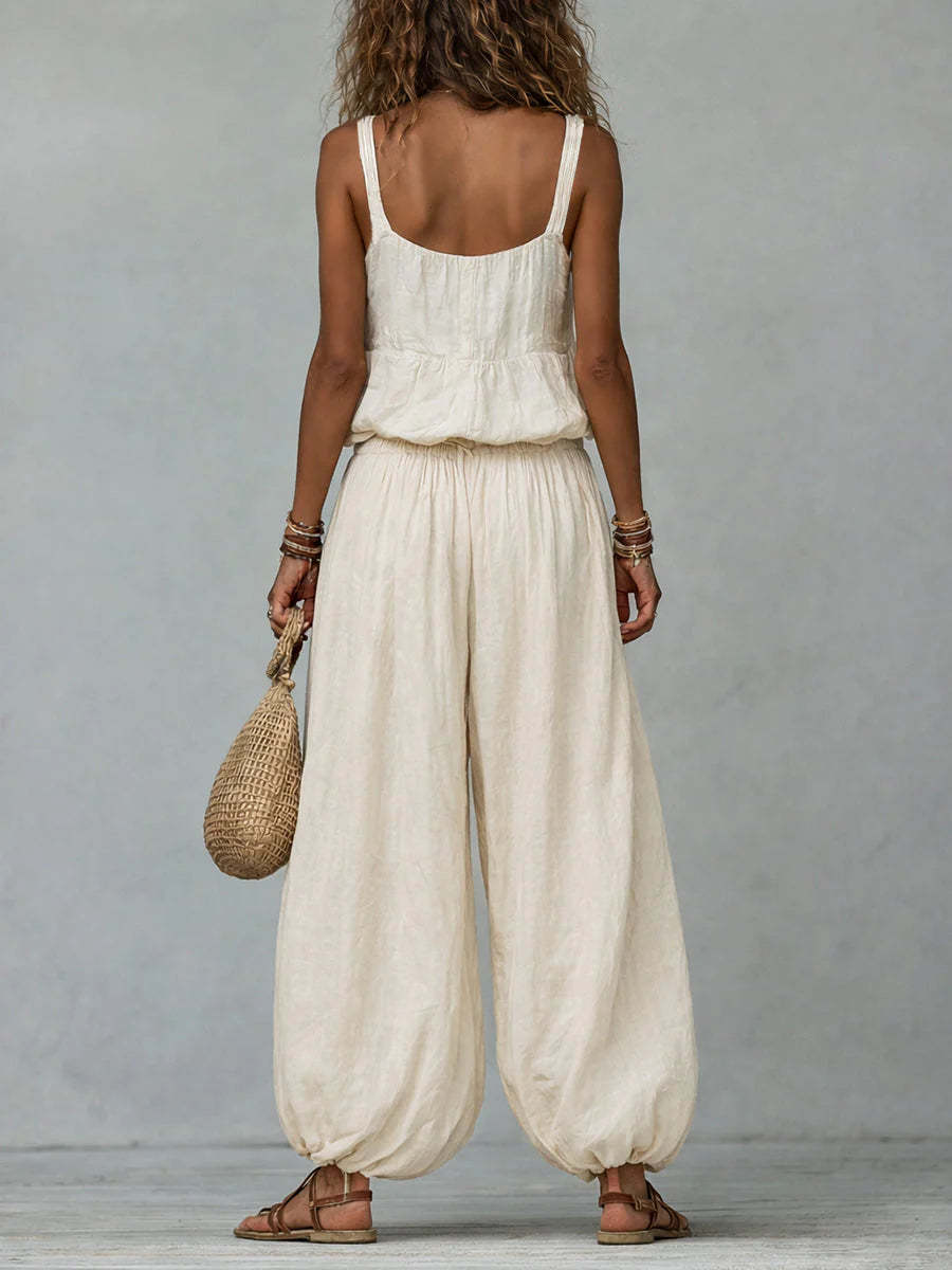 Women's Cotton-linen Embroidered Vest Lantern Wide-leg Pants