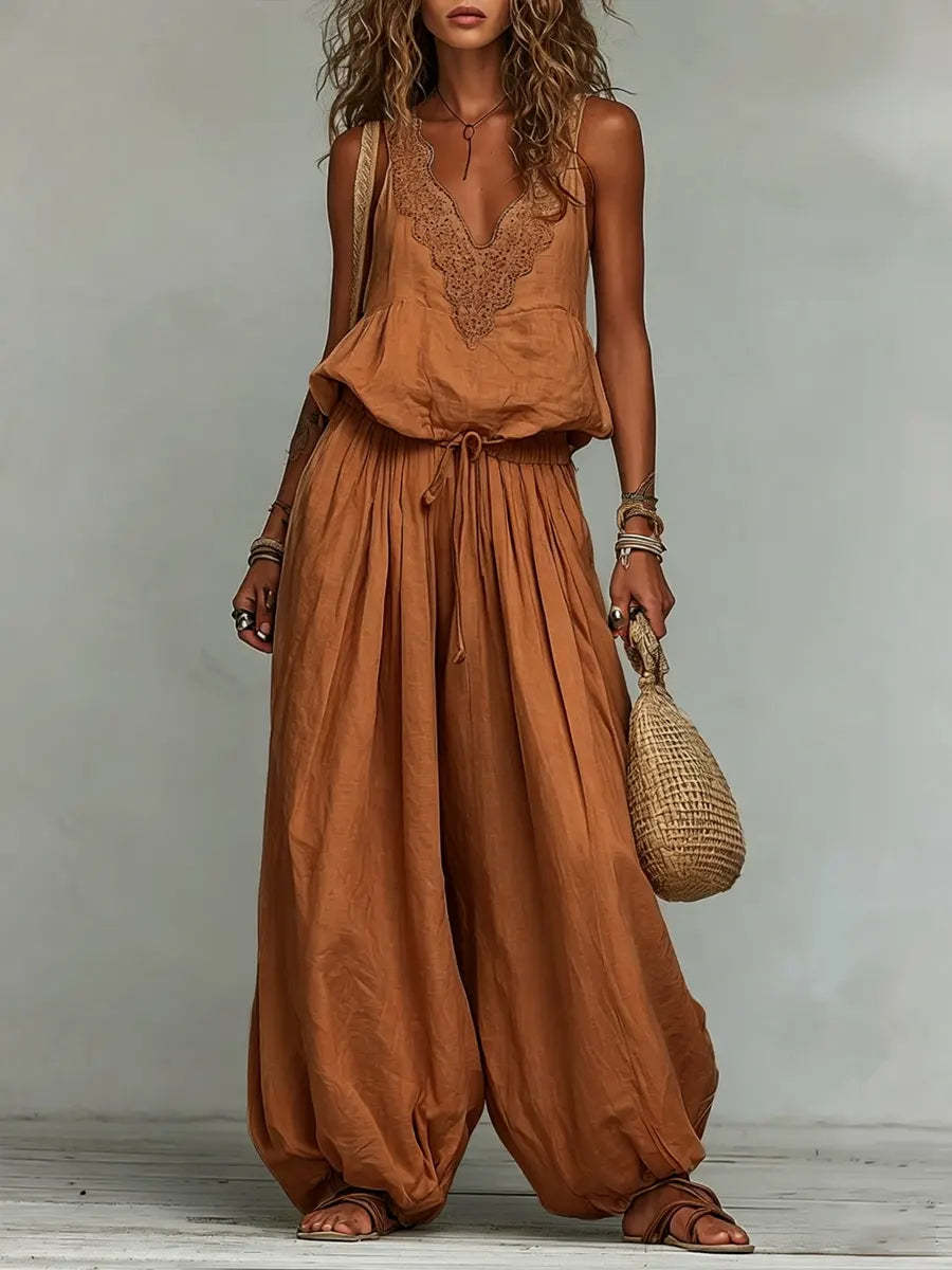 Women's Cotton-linen Embroidered Vest Lantern Wide-leg Pants
