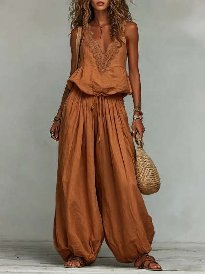 Women's Cotton-linen Embroidered Vest Lantern Wide-leg Pants