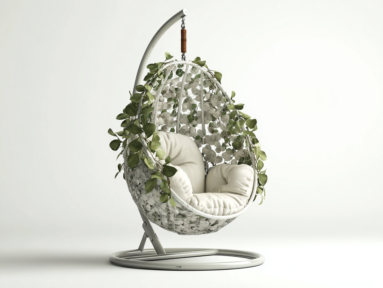 Chaise suspendue en métal et résine tressée 110x100x195 cm – blanc-vert – pour jardin et terrasse – design moderne-Airyete