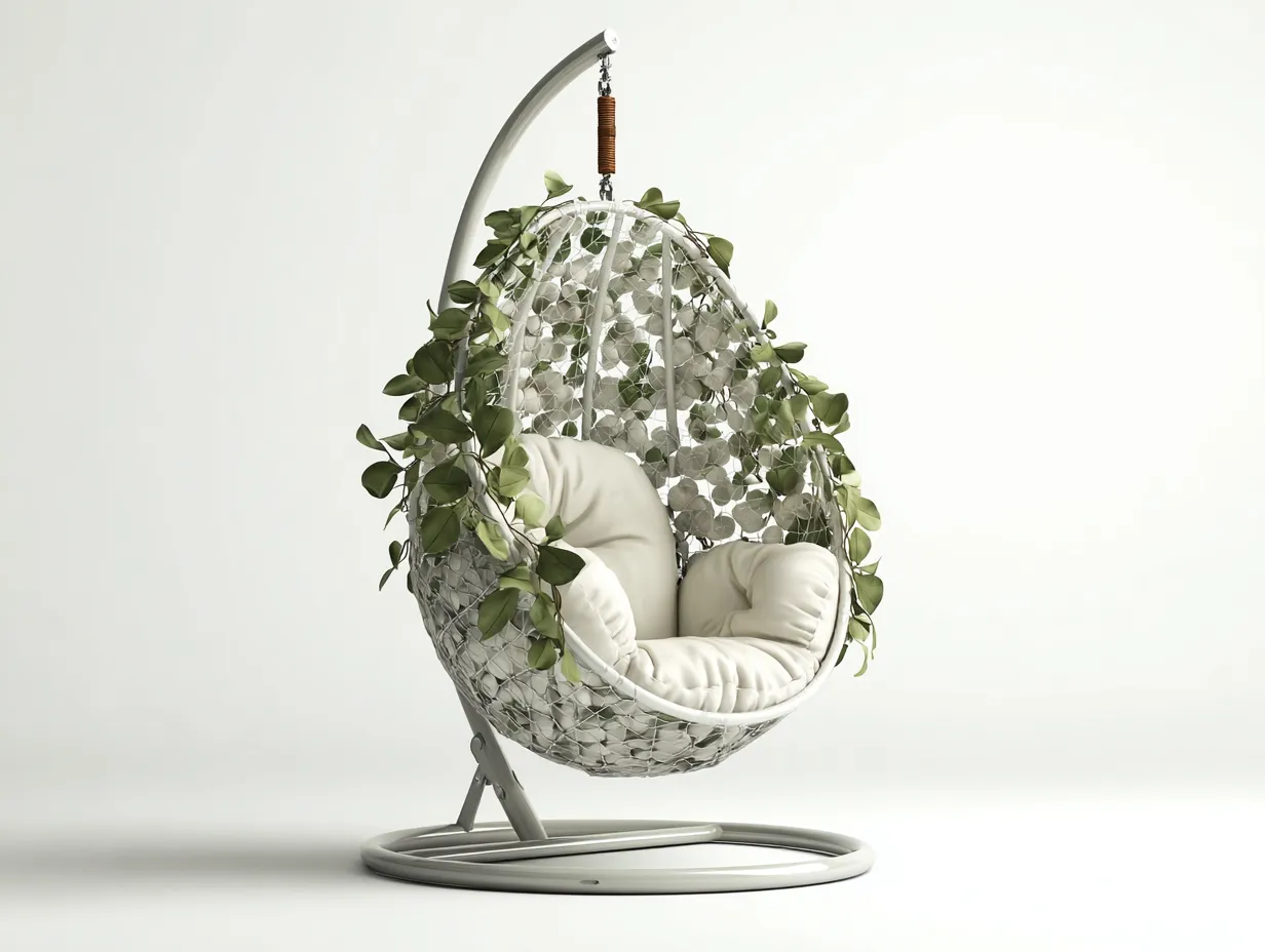 Chaise suspendue en métal et résine tressée 110x100x195 cm – blanc-vert – pour jardin et terrasse – design moderne-Airyete