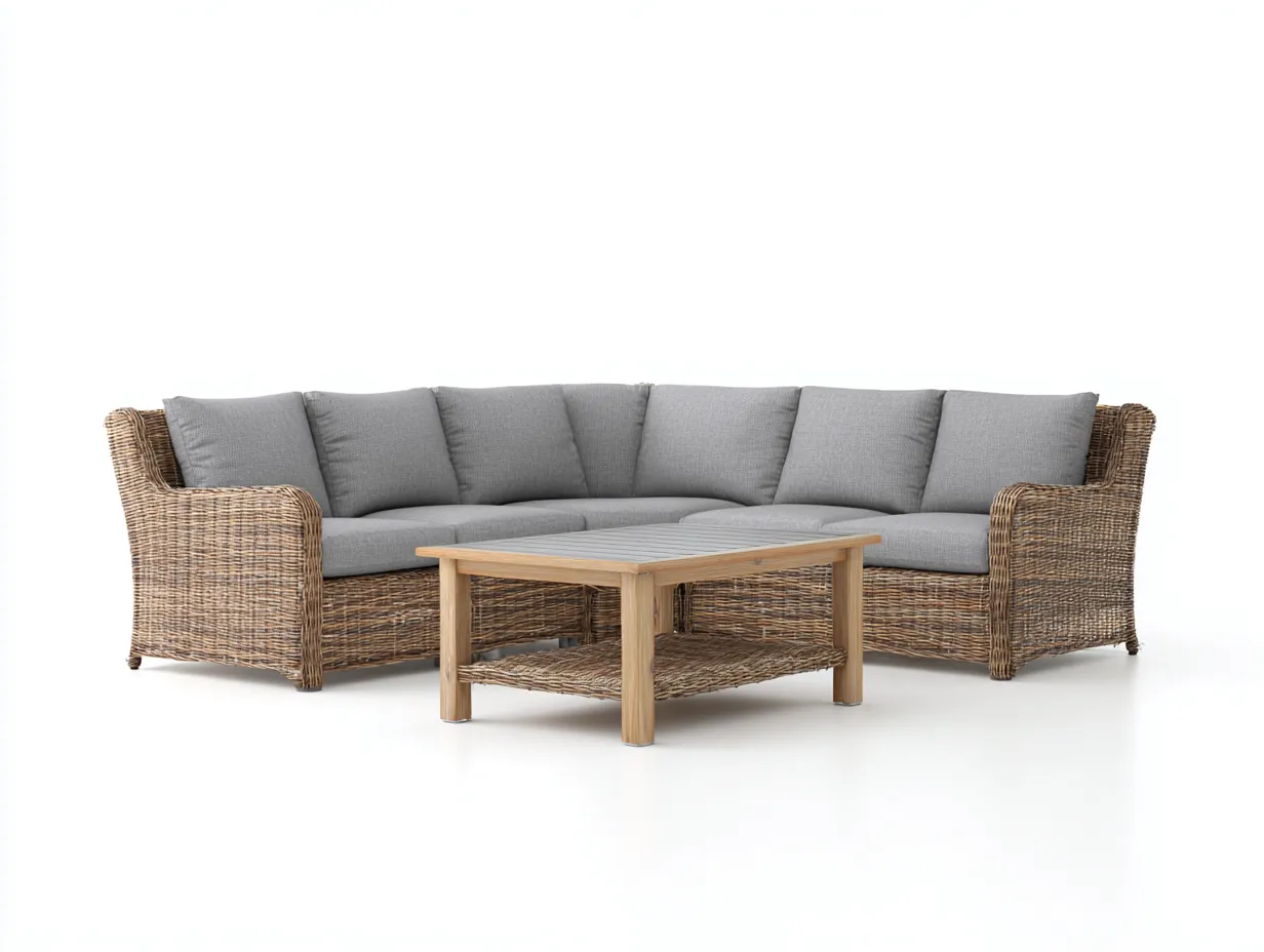Salon de jardin en résine tressée et bois canapé d’angle 240x240x78 cm table basse 100x60x45 cm – marron-gris – style naturel pour extérieur-Airyete